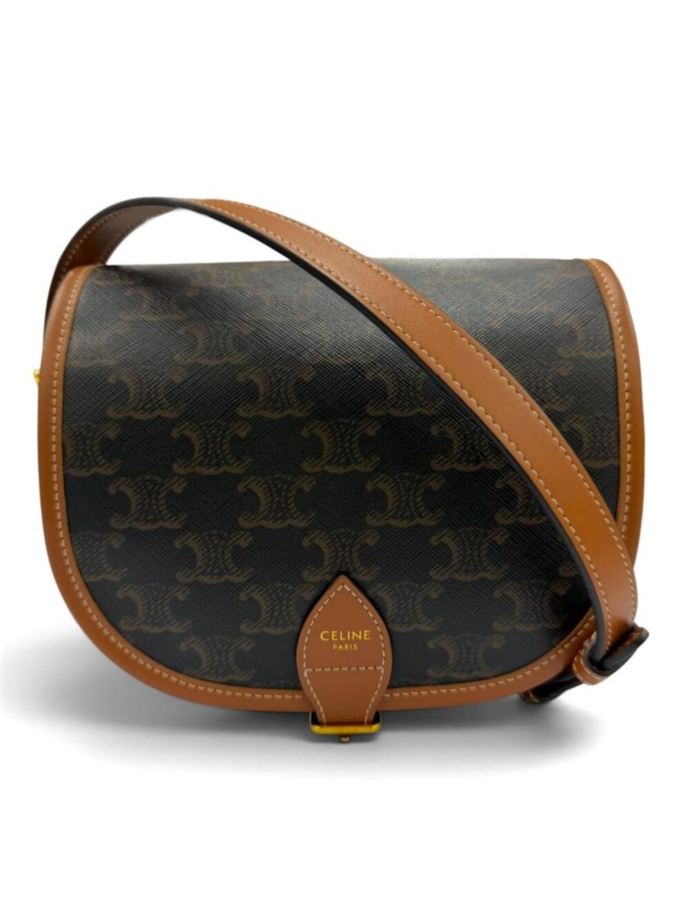 Celine Medium Folco Triomphe Canvas Shoulder Bag Tan Brown